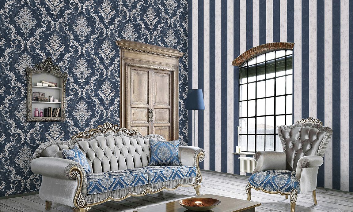 RETRO LACİVERT DAMASK ESKİTME DUVAR KAĞIDI 16,5 m2 - 5001-01