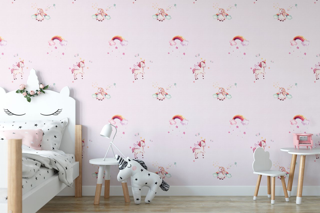 KIDS WORLD PEMBE UNICORNLU ÇOCUK ODASI DUVAR KAĞIDI (5M2) KW20-0018
